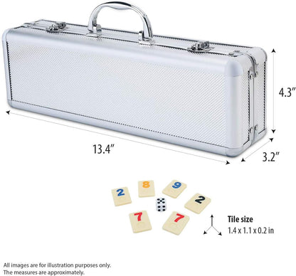 ERLLE - 106 Rummy Tiles Game Set with Aluminum Case. Deluxe Rummy Cube Game for Adults & Families, Includes 4 Anti-Skid Racks, Dice. Travel Board Game for 2-4 Players, Colorful Melamine Tiles.