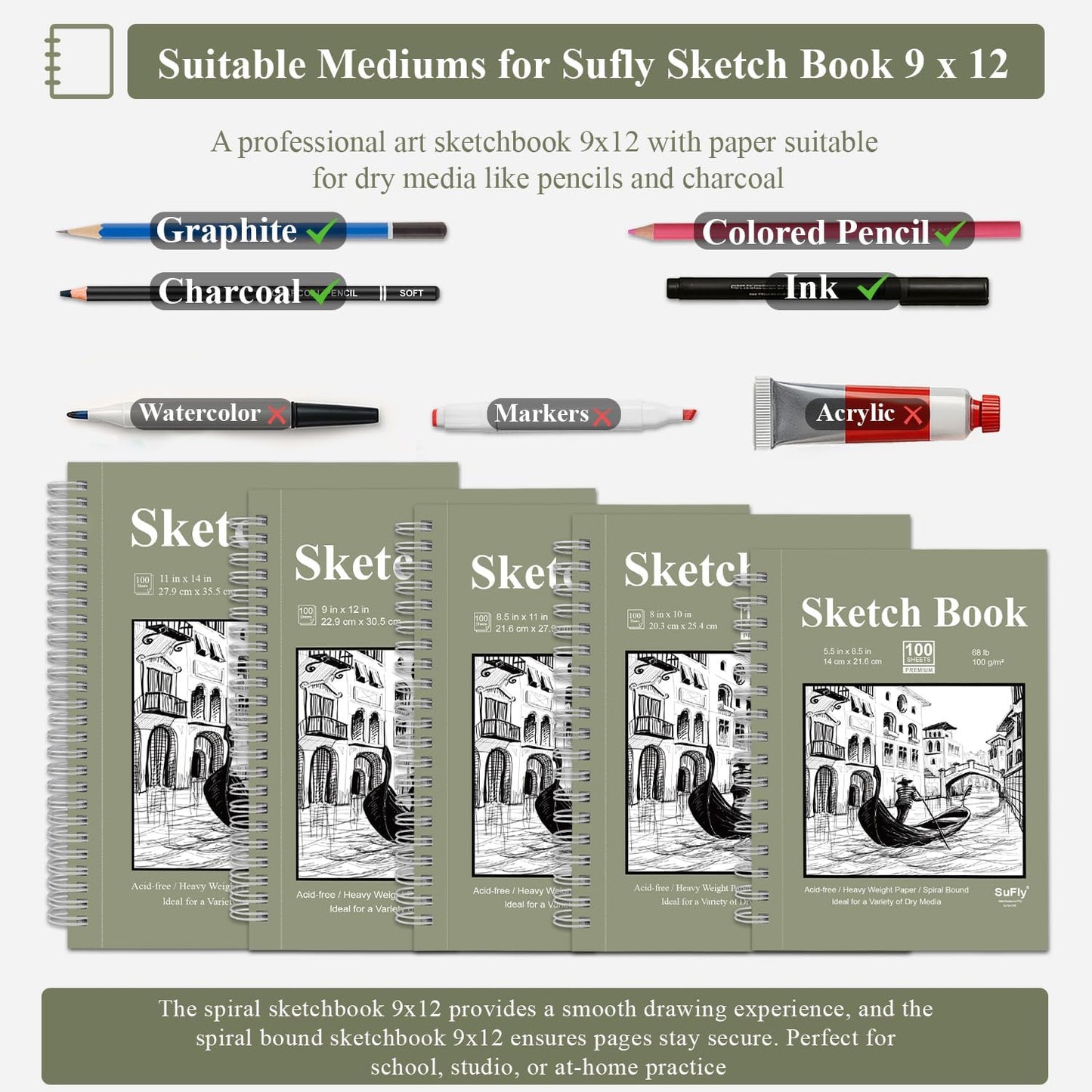 9 x 12 Sketchbook, 68lb/100gsm Sketch Pad 100 Sheets Spiral Bound Acid Free Drawing Paper with Hard Cover Art Paper for Drawing and Painting for Graphite Pencil, Charcoal, Pastels, for Kids & Adults