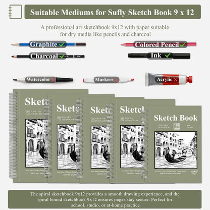 9 x 12 Sketchbook, 68lb/100gsm Sketch Pad 100 Sheets Spiral Bound Acid Free Drawing Paper with Hard Cover Art Paper for Drawing and Painting for Graphite Pencil, Charcoal, Pastels, for Kids & Adults