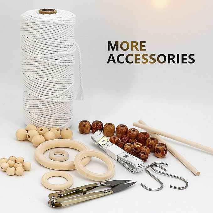 227pcs Macrame Kits 3mm 115yards Wall Hanging Natural Cotton Macrame Cord with Wooden Beads & Rings Wooden Sticks, Metal S-hooks Supplies for Hanging Plant Hand Tassel weaving