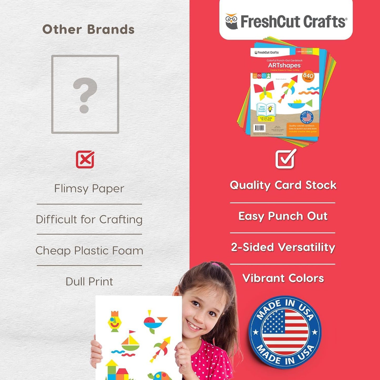 ARTshapes 840 pc Creative Paper Shapes Pack with 70+ Idea Guide - US Made Card Stock - Punch Out Funky DIY Craft Supplies for Whimsical Art Designs, Paper Crafts, and Pattern Play 5 Bright Colors - Crafty Corner