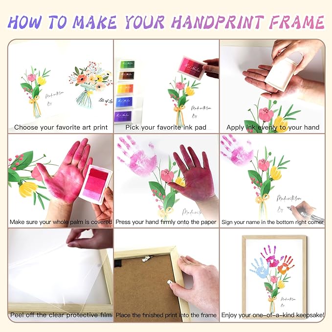 Physkoa Handprint Flower Craft Kit for Kids–12"x16" Art Gift with Wood Frame–Keepsake for Mom or Grandma–Meaningful Birthday or Thank You Gift (2 Art Styles Included)