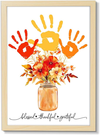 Fall Thanksgiving Flower Bouquet Handprint Art Craft DIY Kit Thanksgiving Day Family Handprint Bouquet in Vase Keepsake with Wood Frame Fall Thankful DIY Gifts for Mom Dad Holiday Birthday 12x16 Inch