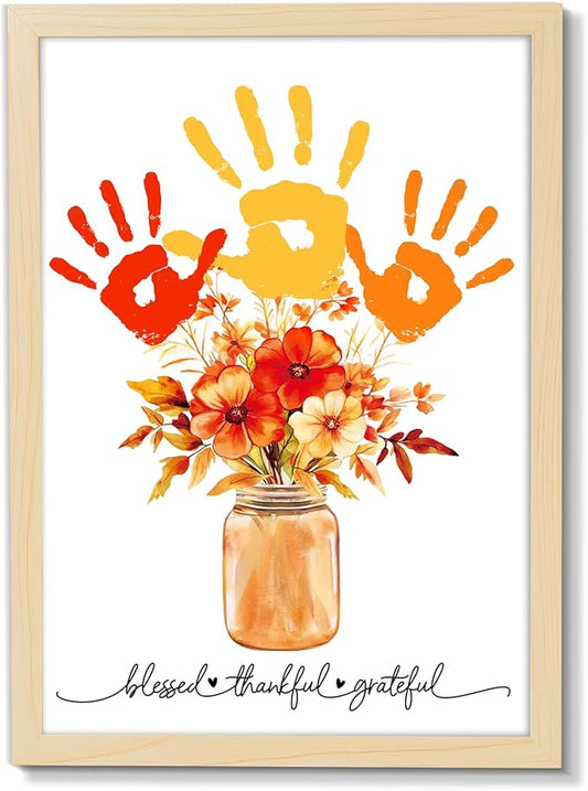 Fall Thanksgiving Flower Bouquet Handprint Art Craft DIY Kit Thanksgiving Day Family Handprint Bouquet in Vase Keepsake with Wood Frame Fall Thankful DIY Gifts for Mom Dad Holiday Birthday 12x16 Inch