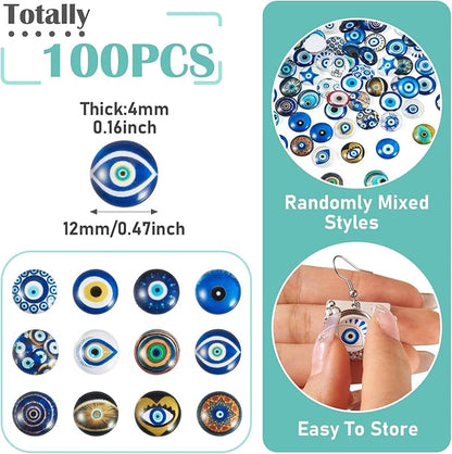 Craftora 100Pcs 12mm Evil Eye Glass Cabochons for Jewelry Making, Mixed Blue Eyes Half Round Cameo Dome Tiles Flatback Dome Cabochons for DIY Bracelets Necklace Scrapbooking DIY Crafts