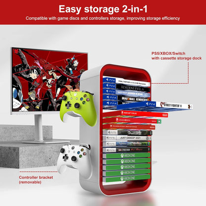 Wigmoa OYO-1 15.8INCH Game Storage Tower - PS5/Xbox Series/Switch Compatible, 18 Disc Organizer with 4 Controller Holder, Red/White
