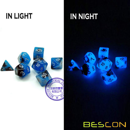Bescon Two-Tone Glow-in-The-Dark Polyhedral Dice Set Blue Dawn, Luminous RPG Dice Set d4 d6 d8 d10 d12 d20 d% Brick Box Pack