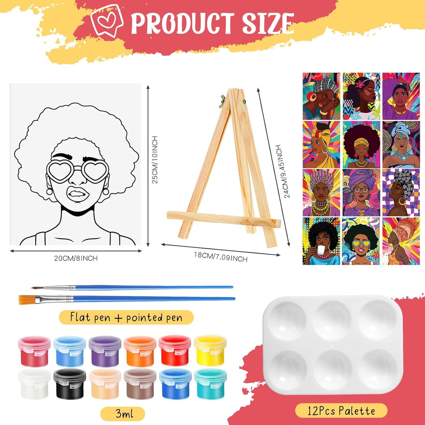 Zhanmai 12 Pack Pre Drawn Canvas for Painting Sip and Paint Kit 8" x 10" Paint Party Set Canvas Painting Pre Printed Canvases for Party Favor DIY Virtual Adult's Date Night(Afro Queen) - Crafty Corner