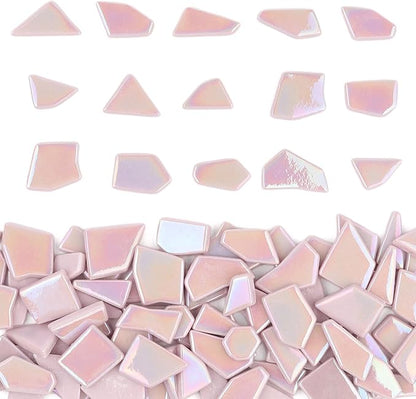 Youway Style Iridescent Glass Mosaic Tiles for Crafts Bulk,200g Pink Broken Mosaic Glass Pieces for Garden Crafts Kits,DIY Mosaic Art Decor