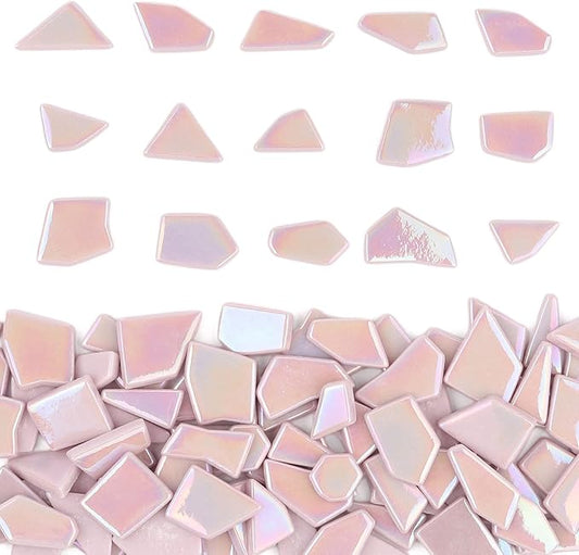 Youway Style Iridescent Glass Mosaic Tiles for Crafts Bulk,200g Pink Broken Mosaic Glass Pieces for Garden Crafts Kits,DIY Mosaic Art Decor