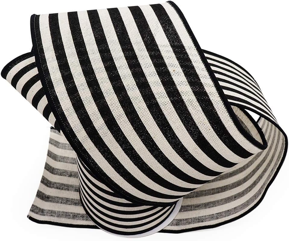 CT CRAFT LLC Striped Canvas Cotton Ribbon 4" x 10 Yards Ivory/Black Stripes for Thanksgiving Christmas Home Décor Gift Wrapping Outdoor Tree Topper Bow Wreath - Crafty Corner