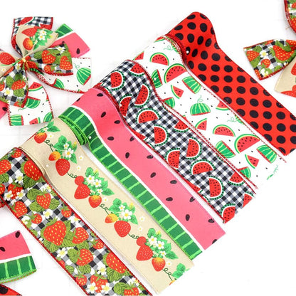 2.5" Watermelon and Strawberry Ribbon,Summer Craft Wire Edged Ribbon,Checks,Polka Dots,Watermelon Slices,Strawberries and Flowers Faux Linen Ribbons for Floral Arrangements, Packages and Home Decor. - Crafty Corner