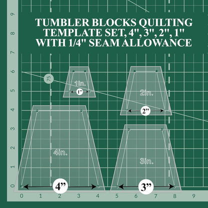 Quilting Acrylic Template Set | Precision Tools for Quilting Enthusiasts | Tumbler Blocks Design | Includes Sizes 4", 3", 2", 1" | 1/8 Clear Acrylic | 1/4" Seam Allowance for Accuracy