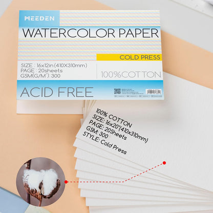 MEEDEN Watercolor Paper Block - 100% Cotton Watercolor Paper Pad of 20 Sheets, 140lb/300gsm, Acid-Free Art Paper for Watercolor, Gouache, Ink and More, 16" x 12" Cold Press