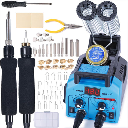 YIHUA 939D-II Pyrography Pen Wood Burning Kit Station 2-in-1 Solid-Point 200~480°C (with Temp Display)/Wire-Nib 250~750°C with 20 Nibs, Solid Points, 1 Stable Pen Holder, 2 Scrap Wood (Blue) - Crafty Corner