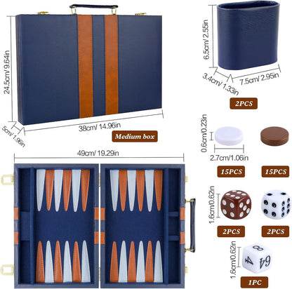 Backgammon Set 2 Players Classic Backgammon Sets for Adults Board Game with PU Leather Case Portable and Travel Backgammon Set (Navy, 15inch)