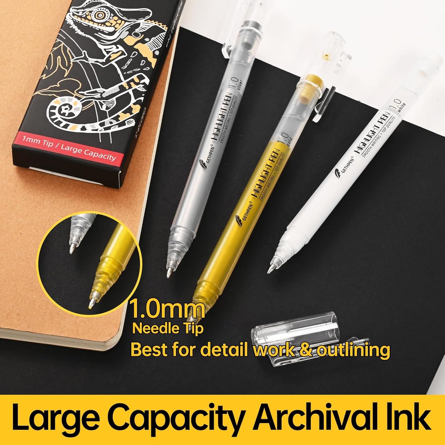 Gold Silver White Gel Pens, 1mm Fine Point Gel Ink Pen Opaque Archival Ink Pens for Black Paper Drawing, Sketching, Illustration, Card Making, Bullet Journaling, 6 Pack