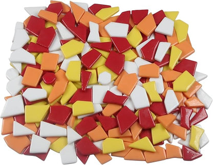 Irregular Glass Mosaic Tiles Bulk 500g Glossy and Iridescent Mosaic Glass Tiles for DIY Projects and Arts and Crafts Solid Colors and Mixes (Glossy Red, Orange & Yellow Mix)