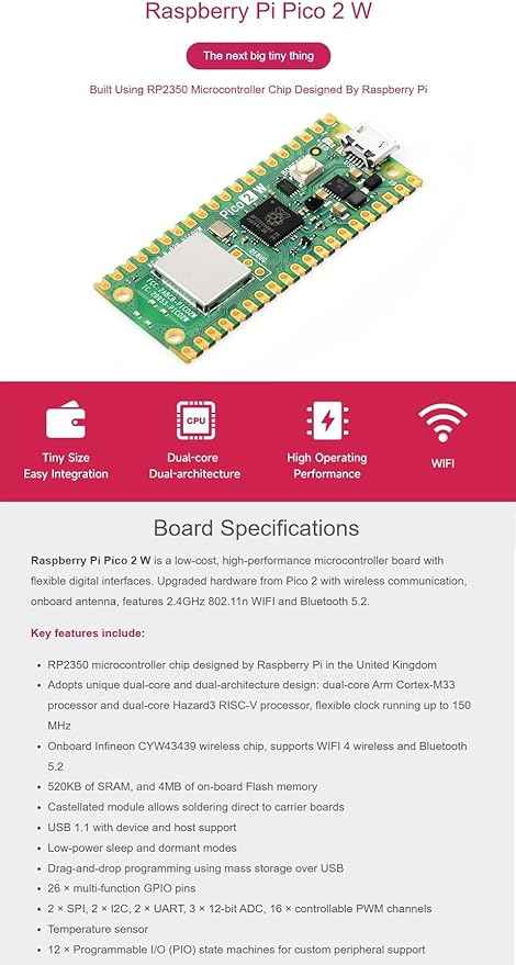 Raspbery Pi Pico 2 W Basic Kit, with Pico 2 W Microcontroller Board, Based on Official RP2350 Chip, Dual-core & Dual-Architecture Design, Supports WiFi and BLE