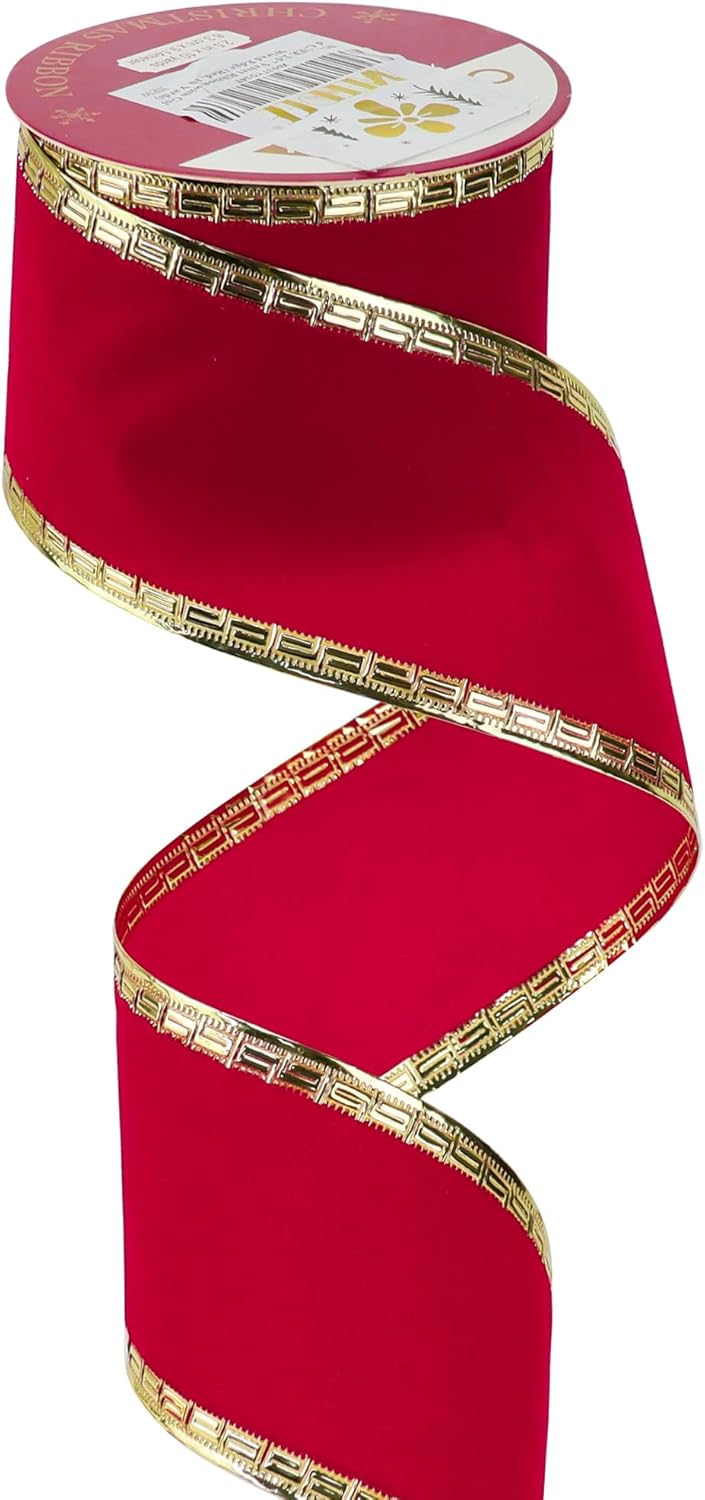 MEEDEE Red Velvet Ribbon 2.5 Inch With Gold Greek Key Edge - 10 Yards Wired Christmas Ribbon for Tree Decoration, Topper Bow, Garland - Crafty Corner