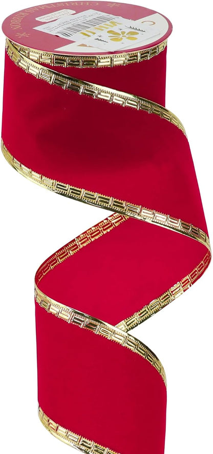 MEEDEE Red Velvet Ribbon 2.5 Inch With Gold Greek Key Edge - 10 Yards Wired Christmas Ribbon for Tree Decoration, Topper Bow, Garland - Crafty Corner