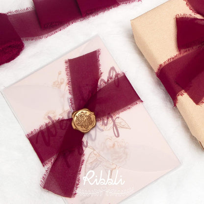 Ribbli Burgundy Chiffon Ribbon 1-1/2 inch x 20 Yard Handmade Fringe Chiffon Silk Ribbon,Black Ribbon for Wedding Invitations, Bridal Bouquets Wrapping, Flower Arrangement Decoration - Crafty Corner
