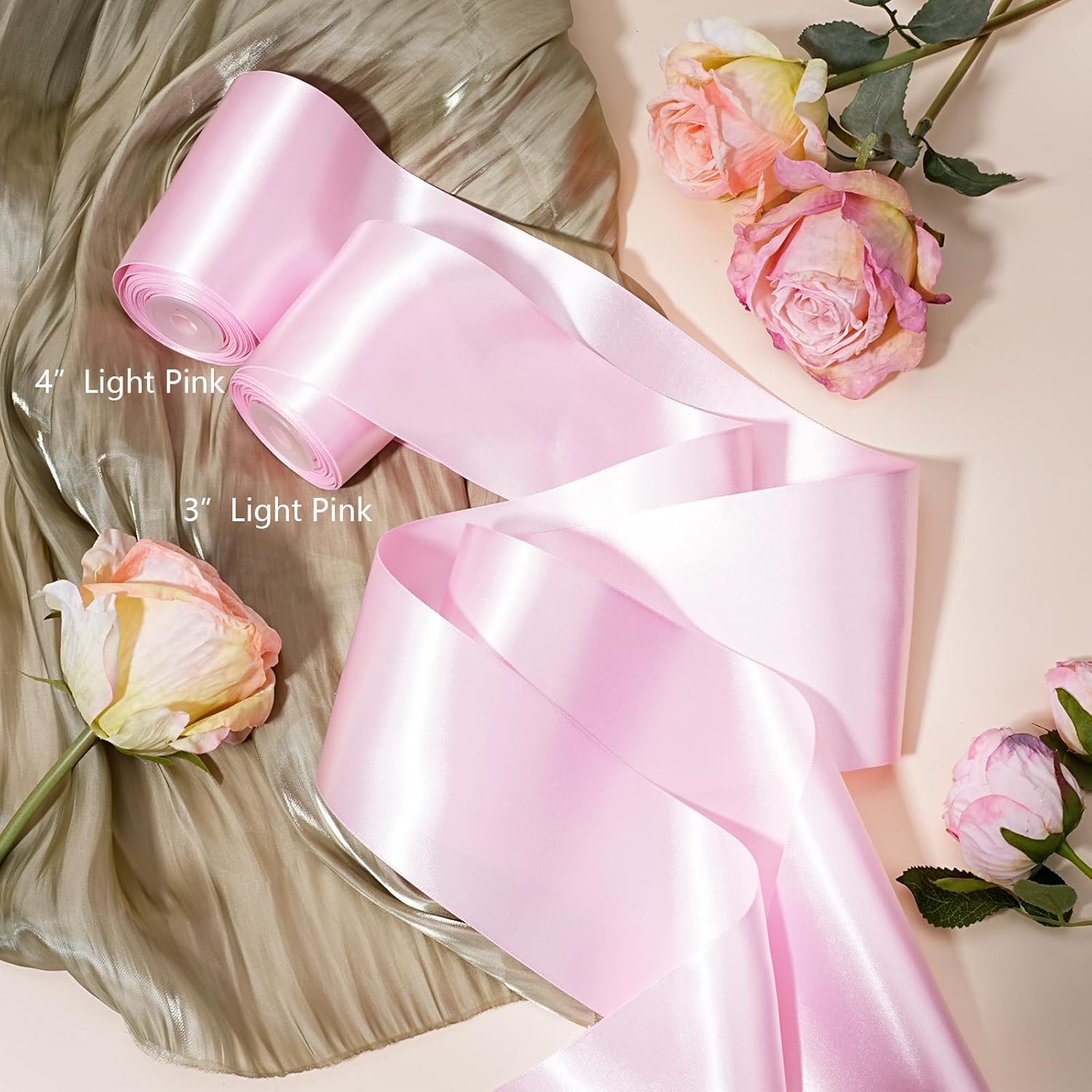 LaRibbons Light Pink Satin Ribbon 4 Inch 10 Yards Double Faced Luxury Light Pink Silk Ribbon for Gift Wrapping Flower Bouquets Bow Christmas Wedding Party Decoration - Crafty Corner