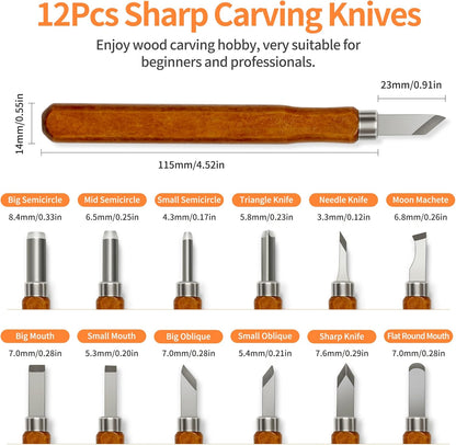 Wood Carving Tools Kit - 12 Pcs Super Sharp and Sturdy Wood Carving Knife Set for Beginners, Professionals, Hobbyists, Artists, and Sculptors - Multipurpose Sculpting, Soap Carving, Pumpkin Carving