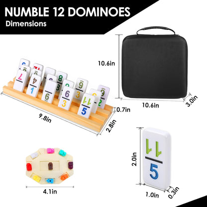Mexican Train Dominoes Set Double 12 Colored Number Dominos with 8 Wooden Racks & 91 Tiles Portable Travel Case Classic Family Board Game Cognitive Strategy Game for Adults Kids