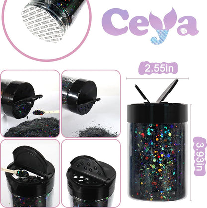 Ceya Holographic Chunky Glitter, 4.9oz/ 140g Black Craft Glitter Powder Mixed Chunky Fine Flakes Iridescent Nail Sequins for Nail Art, Hair, Epoxy Resin, Tumblers, Slime, Painting, Festival Decor
