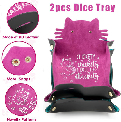 2Pcs Cat Dice Rolling Tray Novelty Folding Leather Dice Holder Portable Storage Accessories Decorative Desk Organizer Funny Gift for DND Game Players