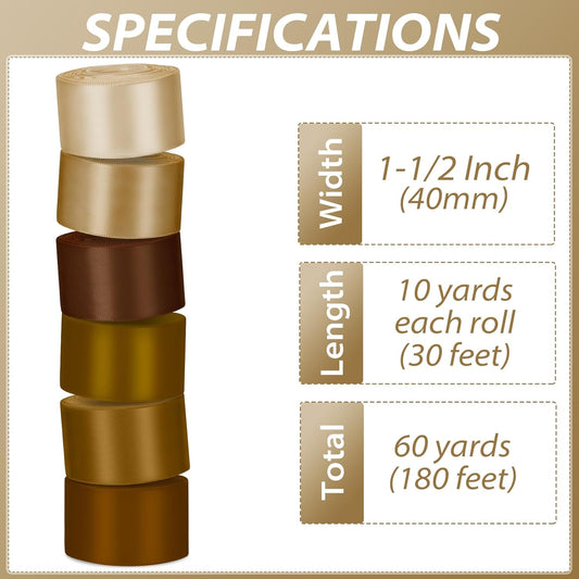 1-1/2 Inch Brown Satin Ribbons for Crafts, 6 Rolls Single-Faced Brown Assorted Ribbons for Gift Wrapping Flower Bouquet Wedding Invitations Bridal Shower Hair Bows Garland Party Decor - Crafty Corner
