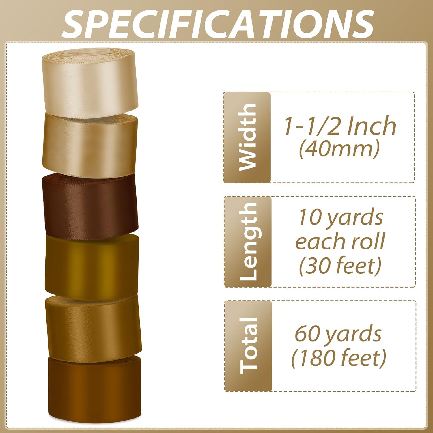 1-1/2 Inch Brown Satin Ribbons for Crafts, 6 Rolls Single-Faced Brown Assorted Ribbons for Gift Wrapping Flower Bouquet Wedding Invitations Bridal Shower Hair Bows Garland Party Decor - Crafty Corner