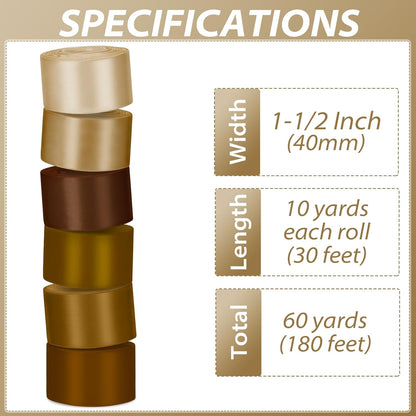 1-1/2 Inch Brown Satin Ribbons for Crafts, 6 Rolls Single-Faced Brown Assorted Ribbons for Gift Wrapping Flower Bouquet Wedding Invitations Bridal Shower Hair Bows Garland Party Decor - Crafty Corner