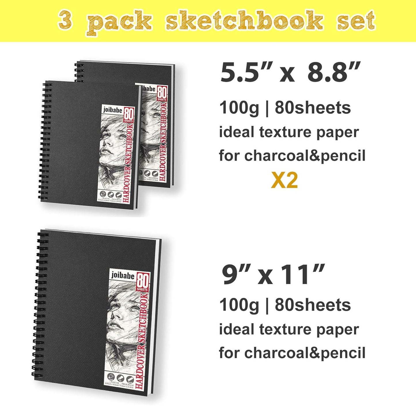 2PACK 5.5x8.5 and 1Pack 9 x 11 inches Hardcover Sketch Book，3 Pack 80-Sheets (68lb/100gsm)，Double-Sided Hardbound Sketchbook, Spiral Bound,Acid Free Painting Art Paper for Kids and Adults - Crafty Corner