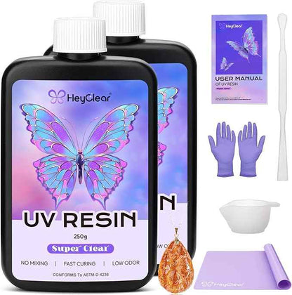 500g UV Resin kit -Crystal Clear, Hard Premixed UV Epoxy Resina para Manualidades Fast Curing with Silicone Mat for Beginners Jewelry Making, DIY Crafts Art, Casting Coating 250g x 2