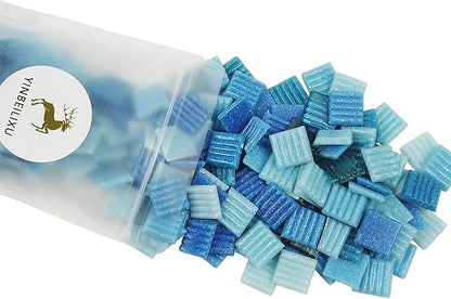 Mosaic Tiles, Bulk Glass Mosaic Pieces, 2x2cm Wavy Square Tiles, Mosaic Kits for Adults, Glass Mosaic Tiles forCrafts DIY Art, Frames, Vases Filler, Home Decor, 410g/14.5oz (Blue)