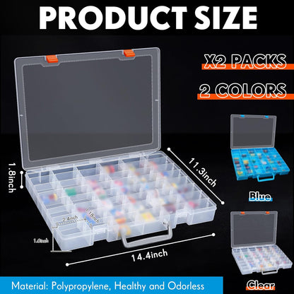 Juexica 2 Pcs Large 48 Grids Plastic Storage Bead Organizer Box, Tackle Box, Compartment Organizer Container with Adjustable Dividers for Jewelry Art Crafts Toys Screw Small Parts(Clear, Blue)