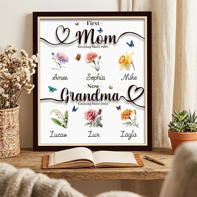 Personalized Grandma Gift First Mom Now Grandma with Birth Month Flowers Decorative Wooden Sign, Grandkid Homemade Gifts to Nana, Custom Gifts for New Grandmother, Mother's day Birthday Present for Mama