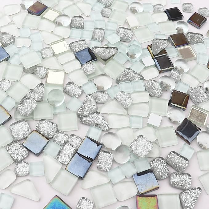 LITMIND Assorted Silver White Irregular Crystal Mosaic Tiles, 9oz Value Pack - Perfect for Art Crafts, Mosaic Making Projects, Home Decor, and More