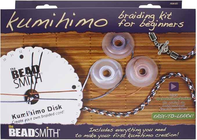 The Beadsmith Kumihimo Starter Kit – Includes Disk, Adhesive, Bobbins, Findings, Cord and Instructions & Projects – Japanese Art of Braiding –Beginner Set with All Your Jewelry Tools to Get Started