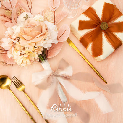Ribbli Fall Chiffon Ribbon 1.5 inch x 30 Yard Handmade Silk, Cream/Beige/Terracotta Fringe Chiffon Ribbon for Wedding Invitations, Bridal Bouquets Wrapping, Flower Arrangement Decoration - Crafty Corner