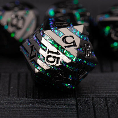 Metal Stripe Dice,Solid Metallic Glitter Stripes DND Dice with Gift Metal Box for Dungeons and Dragons Tabletop Game (Black Nickel Dark Green)