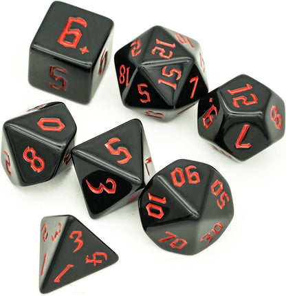 7-Die Polyhedral DND Dice Set, Black D&D Dice with Leather Pouch for Role Playing Games, Black with Red Number, D4 D6 D8 D10 D12 D20 D%