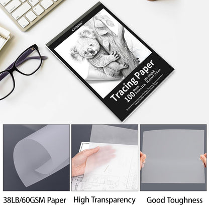 Crehatos 8.5" x 11" Tracing Paper, Translucent Tracing Pad, 100 Sheets 38lb/60gsm Vellum Art Paper