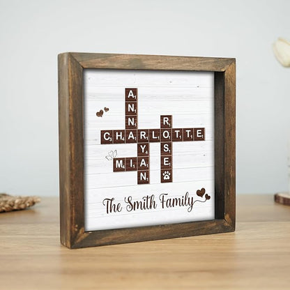Personalized Family Name Crossword Scrabble Wooden Framed Wall Art Decor Living Room Customized Letters Puzzle for Gift for Lovers, Valentine's Day, Christmas, Birthday, Anniversary
