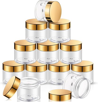 SATINIOR 12 Pack Plastic Container Jars with Lids Round Clear Travel Cosmetic Container Jars for Toiletries, Lotion, Cream, Ointments, Makeup, Rhinestone, Samples, Kitchen Storage(2 oz,Gold)