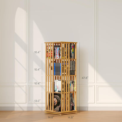XIMN 360° Rotating Bamboo CD/DVD Shelf - 6-Tier Space-Saving Media Storage Cabinet for Movies, Organizer with Super Compact Design (Nature, 4 Tier)