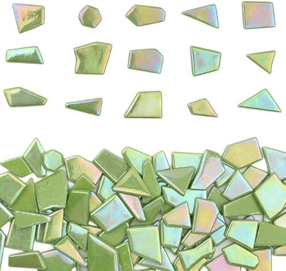 Youway Style Iridescent Glass Mosaic Tiles for Crafts Bulk,200g Green Broken Mosaic Glass Pieces for Garden Crafts Kits,DIY Mosaic Art Decor