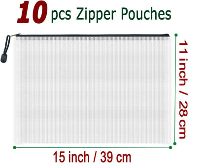 AUSTARK 10 Pcs Zipper File Bags, Waterproof Plastic Mesh Pouch for Office School, Board Game Storage Bags (B4 Size 15''x11'', White and Black)